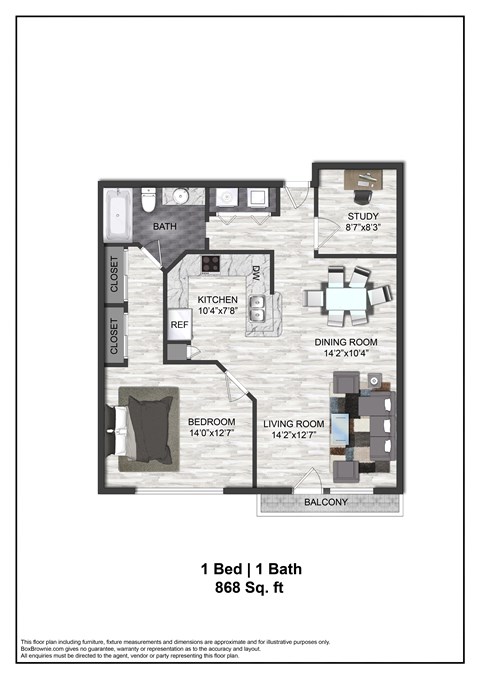 A floor plan of a one bedroom apartment with a bath.
